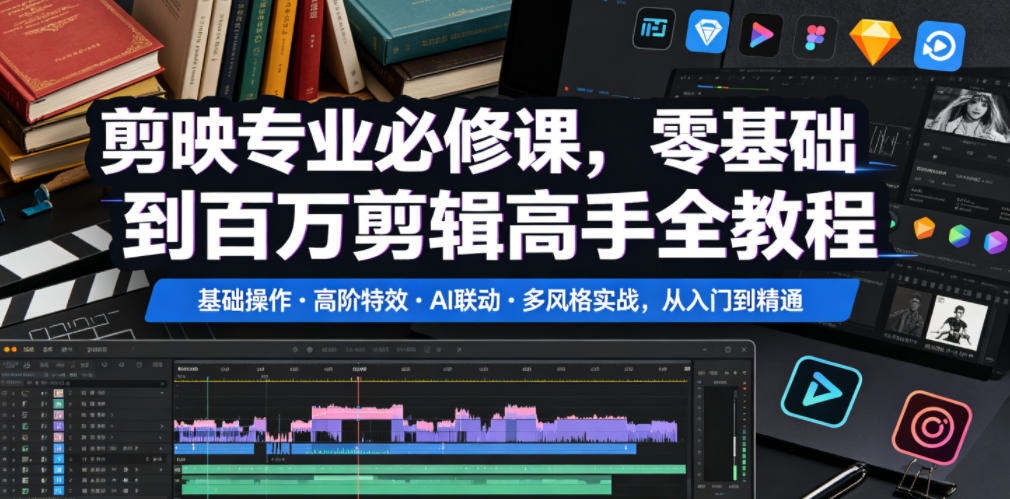 剪映专业必修课，零基础到百万剪辑高手全教程，基础操作・高阶特效・AI联动・多风格实战，从入门到精通-轻创项目网